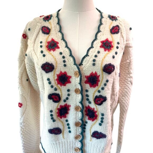 Alba Moda Wool Troylean VTG Floral Embroidered Cardigan Wood Buttons M Austrian - Picture 7 of 13
